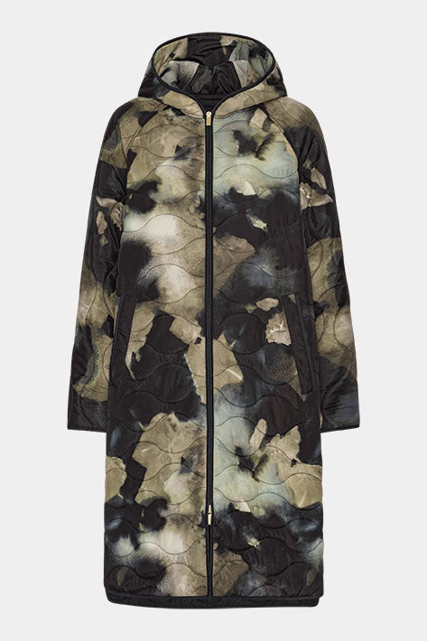 Lange Gewatteerde Jas met capuchon QUILTED05P - 005 Moss Print | Moss Print | Jacket | Ilse Jacobsen